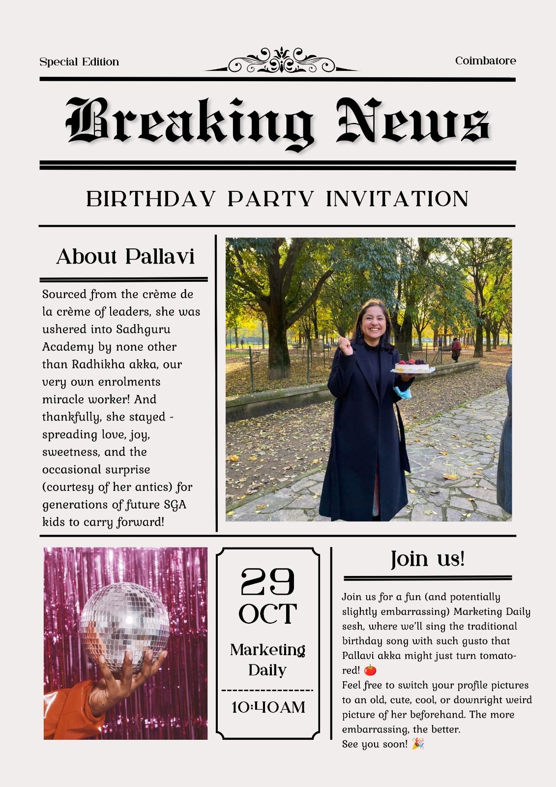 The team's 'Breaking News' birthday-party invitation poster